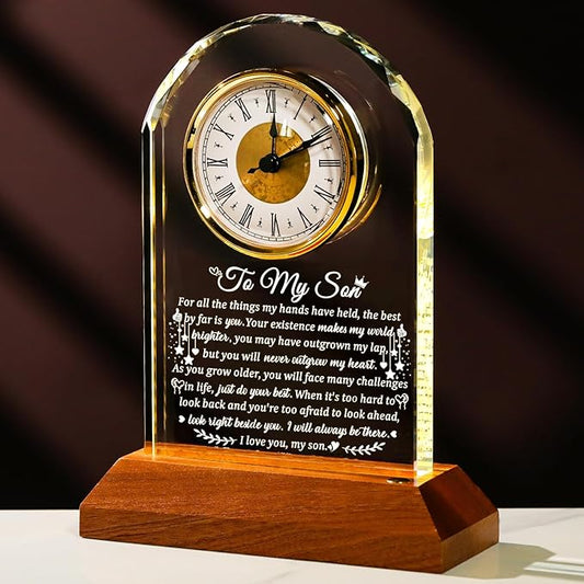 Arikyrist Meaningful Glass Clock Gifts for Son from Mom Dad Graduation with Wooden Light Base I Love You Personalised Glass Plaque Presents for Best Son Birthday Keepsakes for Him Table Decor