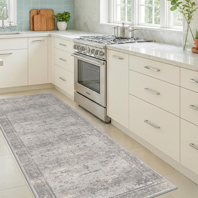 TALANOVA Washable 2'6"x8' Hallway Runner Rug, Non Slip Low Pile Floor Runner for Kitchen, Living Room & Laundry Room, Mineral-Inspired Marble Pattern Neutral Gray Décor