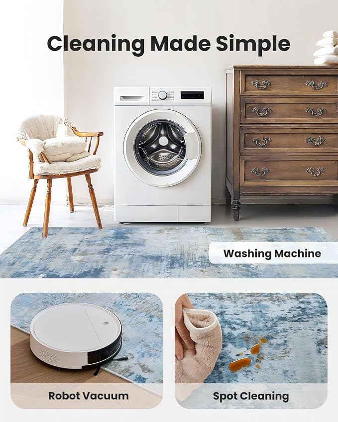 AMADA HOMEFURNISHING 5x7 Area Rugs for Living Room, Modern Abstract Washable Rug Neutral Soft with Non-Slip Backing & Low Pile Kids Rug for Resistant, Bedroom, Nursery Home Office, Light Blue