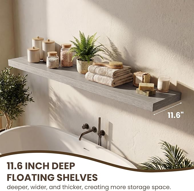 Acovy 72 Inch Long Floating Shelves for Wall Set of 2,12" Deep Wall Shelf,Large Floating Shelf with Invisible Brackets for Bedroom,Bathroom,Kitchen,Farmhouse Home Decor Display Bookshelf,Grey
