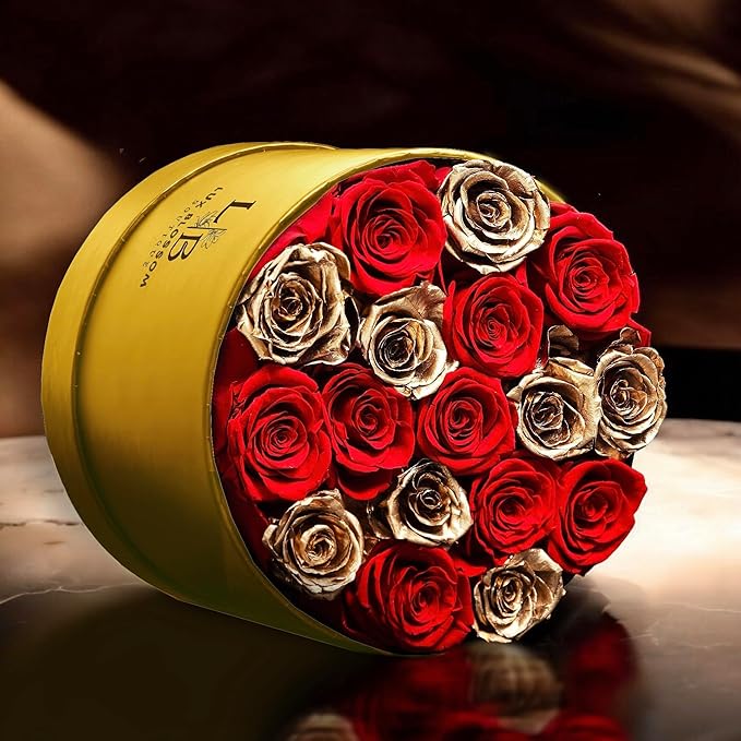 17 Forever Roses in a Box - Luxury Red & Gold Roses, Gold Roses, Preserved Roses Gifts for Women, Forever Flowers Gifts for Wife, Roses for Delivery Prime (Gold Box)