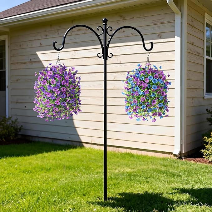 Artificial Flowers Hanging Baskets, 4 Bundles Outdoor Hanging Basket Spring Summer Decoration, No Fade Realistic Fake Flowers Plants for Porch Patio Balcony Home Yard Decor(Double Purple)