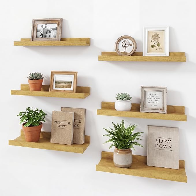 Acovy Floating Shelves Set of 6, 16 Inch Wall Mounted Picture Ledge Shelf with Lip, Oak Display Shelves for Living Room, Bedroom, Nursery, Bathroom & Kitchen