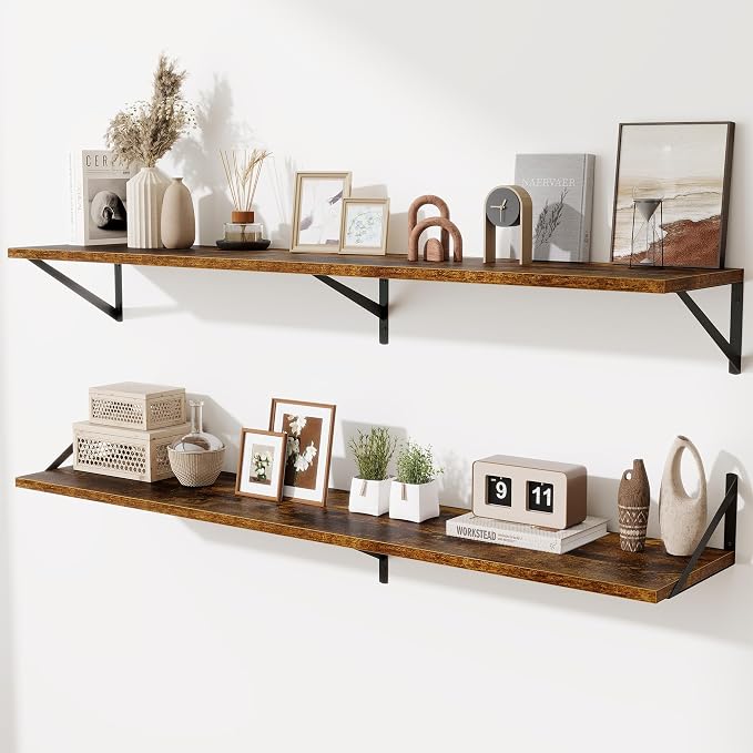 Acovy Deep Floating Shelves,55" Wx10 D Wood Wall Shelves Set of 2,Long Wood Floating Shelf with Metal Brackets,Floating Bookshelf for Living Room,Kitchen,Office,Bedroom,Decor Storage,Rustic Brown