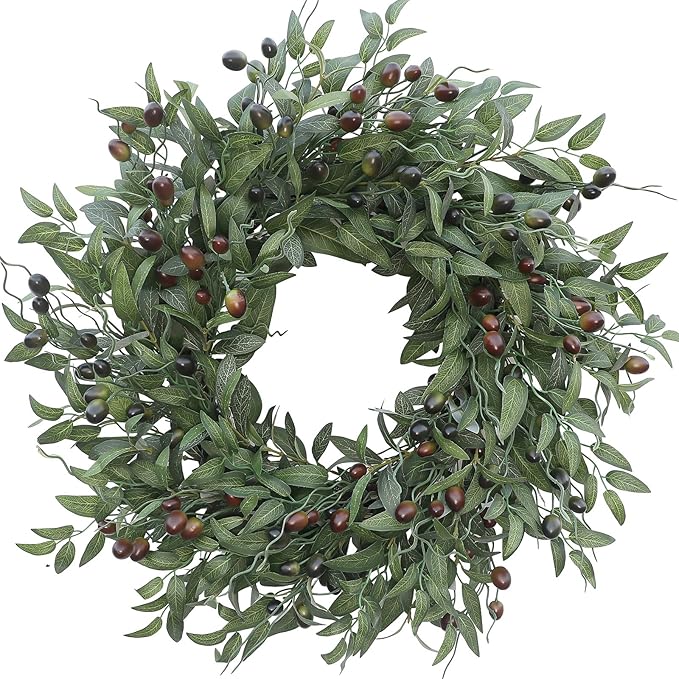Olive Wreath 26 Inch Wreaths for Front Door with Purely Handmade Realistic Dense Olive Leaf Olive Berry, Elegant Home Decor Wreath Ideal for Front Door, Hallways, Any Area You Want to Brighten