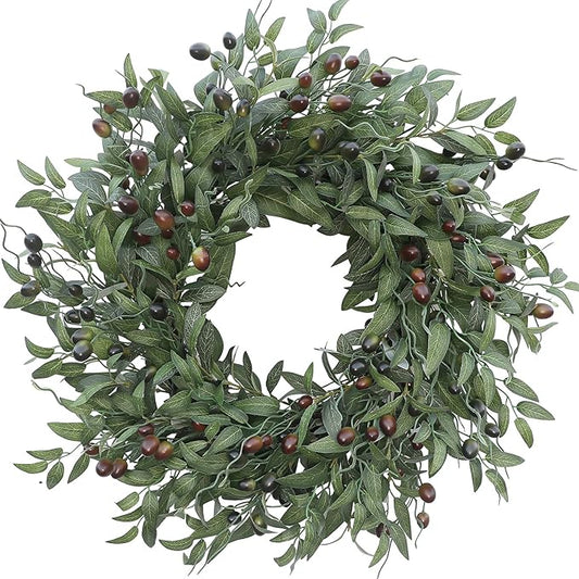 Olive Wreath 26 Inch Wreaths for Front Door with Purely Handmade Realistic Dense Olive Leaf Olive Berry, Elegant Home Decor Wreath Ideal for Front Door, Hallways, Any Area You Want to Brighten