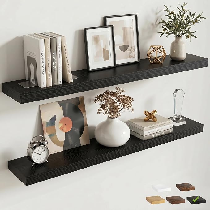 Venusmiles Floating Shelves for Wall, 40 Inch Floating Shelves Set of 2, 6.5" D Wooden Wall Mounted Display Shelves with Invisible Brackets for Living Room, Bedroom, Bathroom, Kitchen Decor, Black