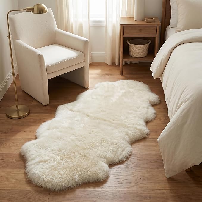 Real Sheepskin Rug 2' x 6' Double Pelt – Natural Genuine Sheep Skin for Bedside/Accent, Soft & Plush - Throw Rugs for Bench/Chair - All Natural Non-Dyed Color