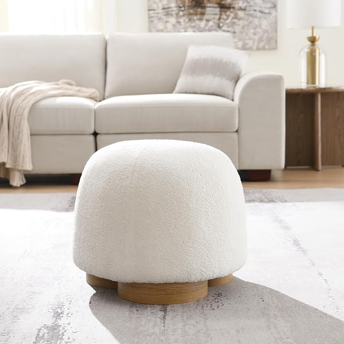 GDFStudio 20" Round Teddy Fabric Ottoman Stool, Upholstered Footrest with Foam Seat, Modern Accent Ottoman, Entryway Bedroom Vanity Stool, Fully Assembled, Metal Trim Base, White