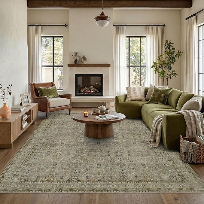 Rugxara 6x9 Area Rugs for Living Room Bedroom, Large Washable Rug, Olive Vintage Floral Boho Style, Non Slip & Low Pile Carpet for Indoor Dining Room, Dorm and Kids Room(Olive Brown 6x9ft)
