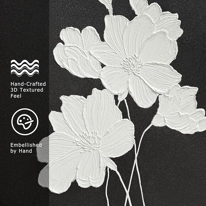 SAFERRYHOME White Flower Hand Painted Wall Art, Large Modern Floral Framed Canvas Wall Decor, 3D Texture Flower Oil Painting Nature Artwork for Home Office Living Room Hallway, 24"x36"