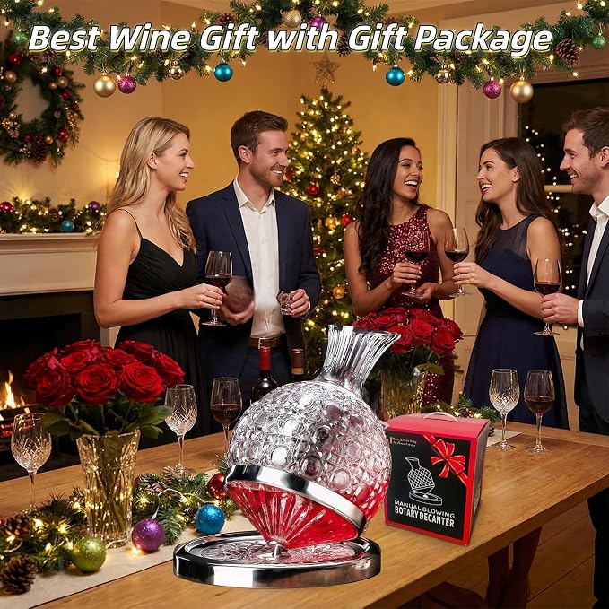 Wine Decanter Set - Spinning Crystal Red Wine Decanter Carafes, Jarler 360° Rotory Hand Blown 1.5L Lead-Free Glass Wine Aerator Quick Wake Up，Wine Gift for Wine Lover, Father day Gift (Silver+Clear)