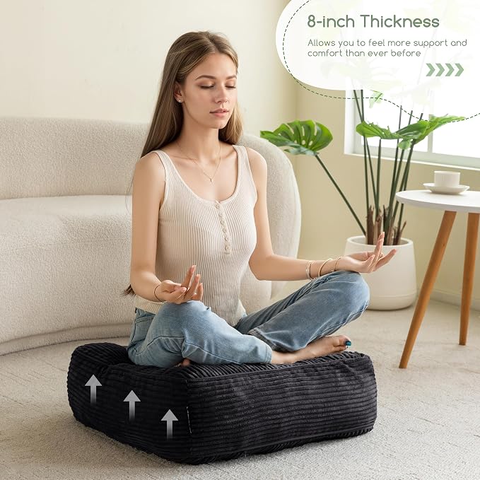 HIGOGOGO 8" Extra Thick Floor Pillow Cushion for Adults, Meditation Cushion Pillow, Large Square Floor Sitting, Tufted Corduroy Cover, for Tatami Living Room or Yoga, 22x22 Inch, 2Pack, Black