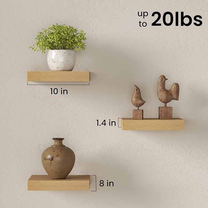 Fun Memories Floating Shelves for Wall with Invisible Brackets, 10 Inch Wall Mounted Wood Shelves with Wood Grain for Living Room, Bedroom, Bathroom, Kitchen Decor and Storage, Oak - Set of 3