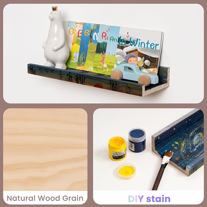 Long Floating Shelves for Wall, 48 inch Solid Wood Picture Ledge Shelf, Picture Shelf for Wall with Ledge, Floating Book Shelves for living room Bedroom Nursery Decor, Natural Unfinished, Set of 2