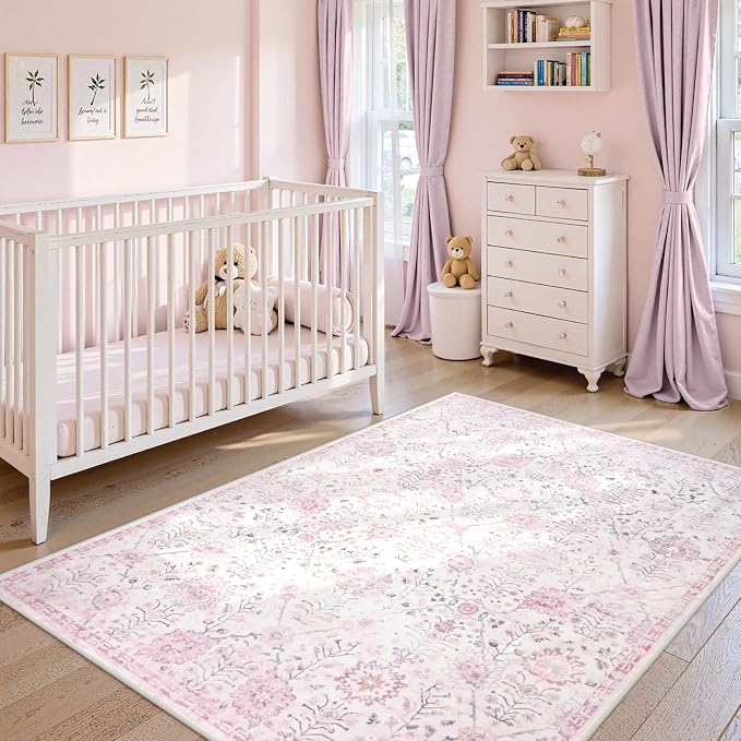 Lahome Flavie Nursery Rug 5x7, Soft Kids Rugs for Cozy Bedroom, Washable Boho Purple Carpet for Toddlers Girls Room, Non Shedding Non Slip Pastel Floral Print Thin Simple Carpets