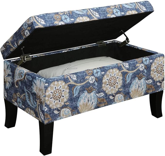 Convenience Concepts Designs4Comfort Winslow Storage Ottoman Bench 32" - Transitional Upholstered Footstool & Seat, for Living Room, Entryway, Hallway, & Bedroom, Indigo Flora Fabric