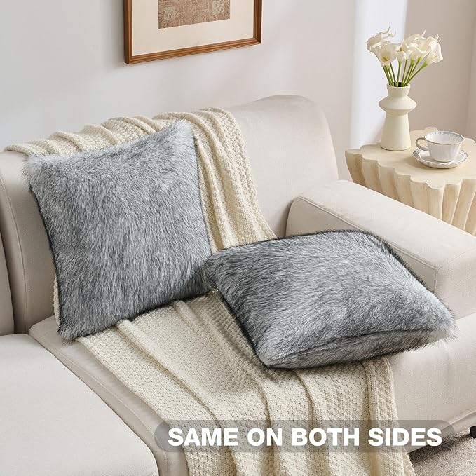 FUTEI Pack of 2 Faux Raccoon Fur Plush Throw Pillow Covers 18x18 Inch Soft Fluffy Farmhouse Decorative Cushion Case Modern Luxury Accent for Couch Bed Living Room, Black White