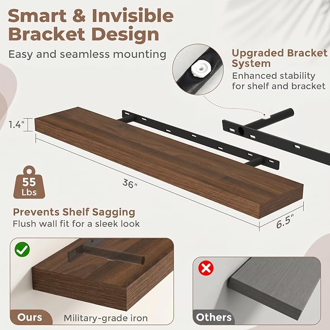 Venusmiles Floating Shelves for Wall, 36 Inch Floating Shelves Set of 2, 6.5" D Wooden Wall Mounted Display Shelves with Invisible Brackets for Living Room, Bedroom, Bathroom, Kitchen Decor, Walnut