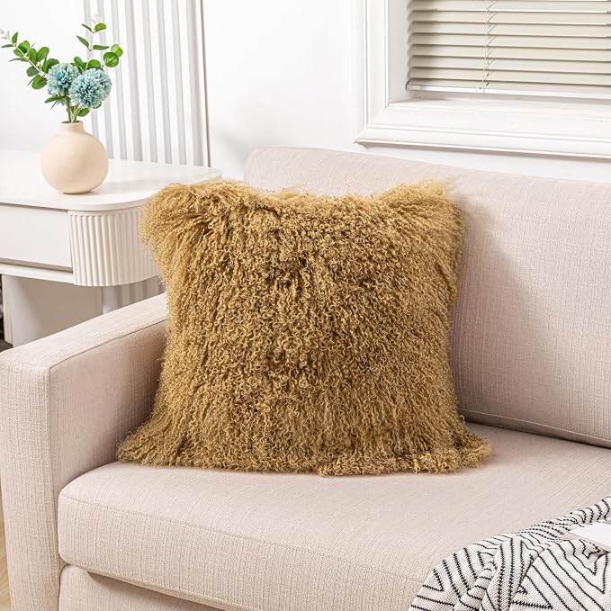 Mongolian Fur Pillow Cover in Burgundy Real Lamb Fur Throw Cover for Bedroom Living Room 16 x 16inch Khaki Home Decorative