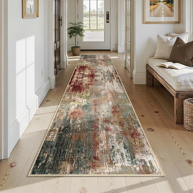 RELEANY Washable Area Rugs 2'6'' x12 Non-Slip Modern Abstract Soft for Living Room Entryway Bedroom Nursery, Print Pattern, Brown Rust Red Green Blue Multi