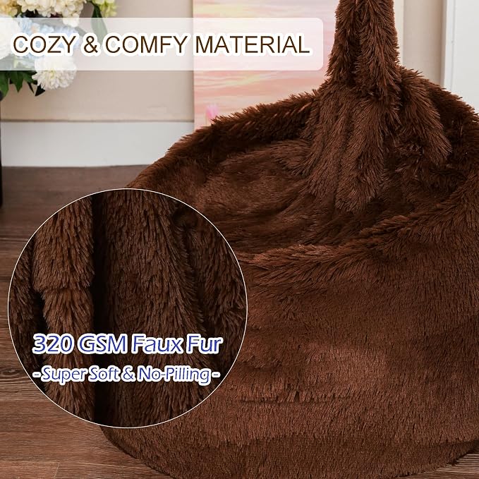 BCU Bean Bag Chairs for Kids and Adults Without Filler (Cover Only) Comfy Plush Fluffy Bean Bag Chair Cover Lazy Sofa Cover for Bedroom Living Room, Brown