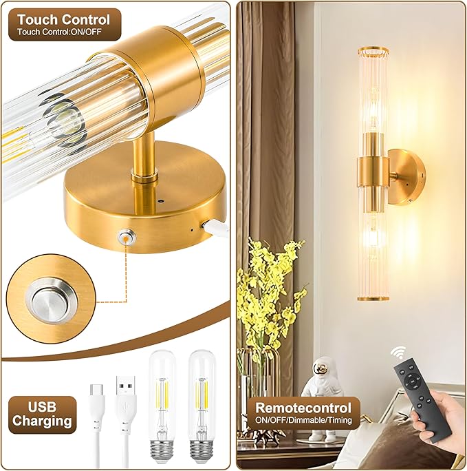 Morauroral Brushed Gold Battery Operated Wall Sconce, Dimmable Rechargeable Wall Light with Remote, Touch Control, Modern LED Wireless Sconce for Living Room, Bedroom, 20 Inch
