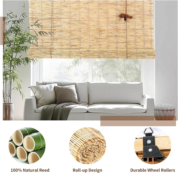 Reed Roller Blinds Shades, Vertical Lifting and Breathable Waterproof Design, Sun Shade and Ventilation, Easy Installation,24" Wx64 H