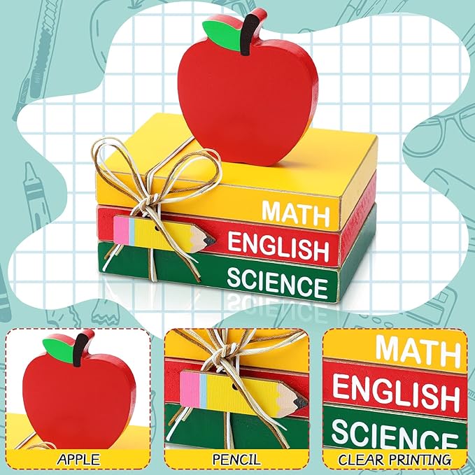 Pinkunn 4 Pcs Back to School Table Decorations Wooden Apple Prop Book Stack Decor for Classroom First Day of School Centerpiece Desktop Tiered Tray for Teacher Office Desk Shelf
