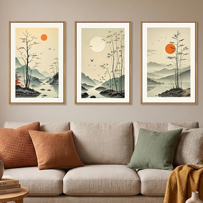 Chinoiserie Bamboo Forest Framed Canvas Wall Art Set, Nature Tree Lakes Wall Decor, Minimalist Zen Landscape Wall Painting, Watercolor Art Prints for Living Room, Bedroom, Office 24"X36"X3