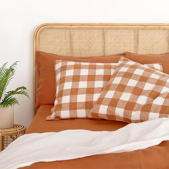 Linen World Linen Plaid Pillow Cases King Size - 20"x40" Set of 2 with Envelope,100% French Flax Gingham Pillowcase,Soft Breathable Natural Pillow Covers,Rust Plaid