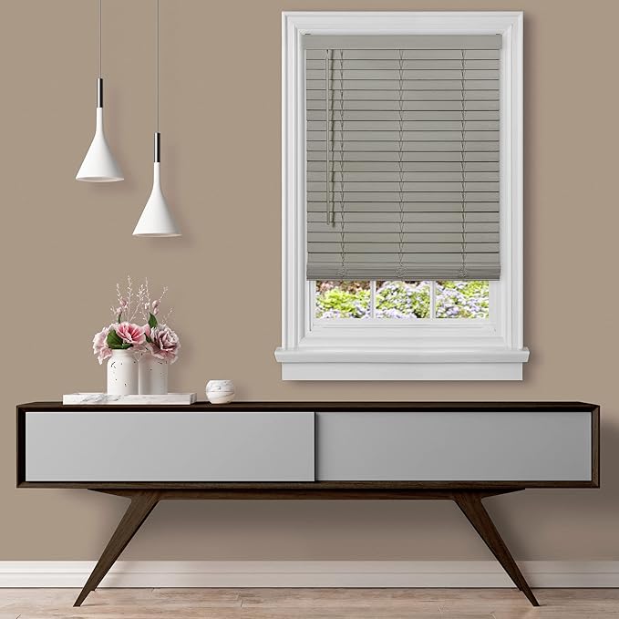 Cordless Room Darkening Plantation Blind - 31 Inch Width, 64 Inch Length, 2" Vinyl Slat Size - Grey - GII Madera Falsa Faux Wood, Light Filtering Horizontal Windows Blinds by Achim Home Decor