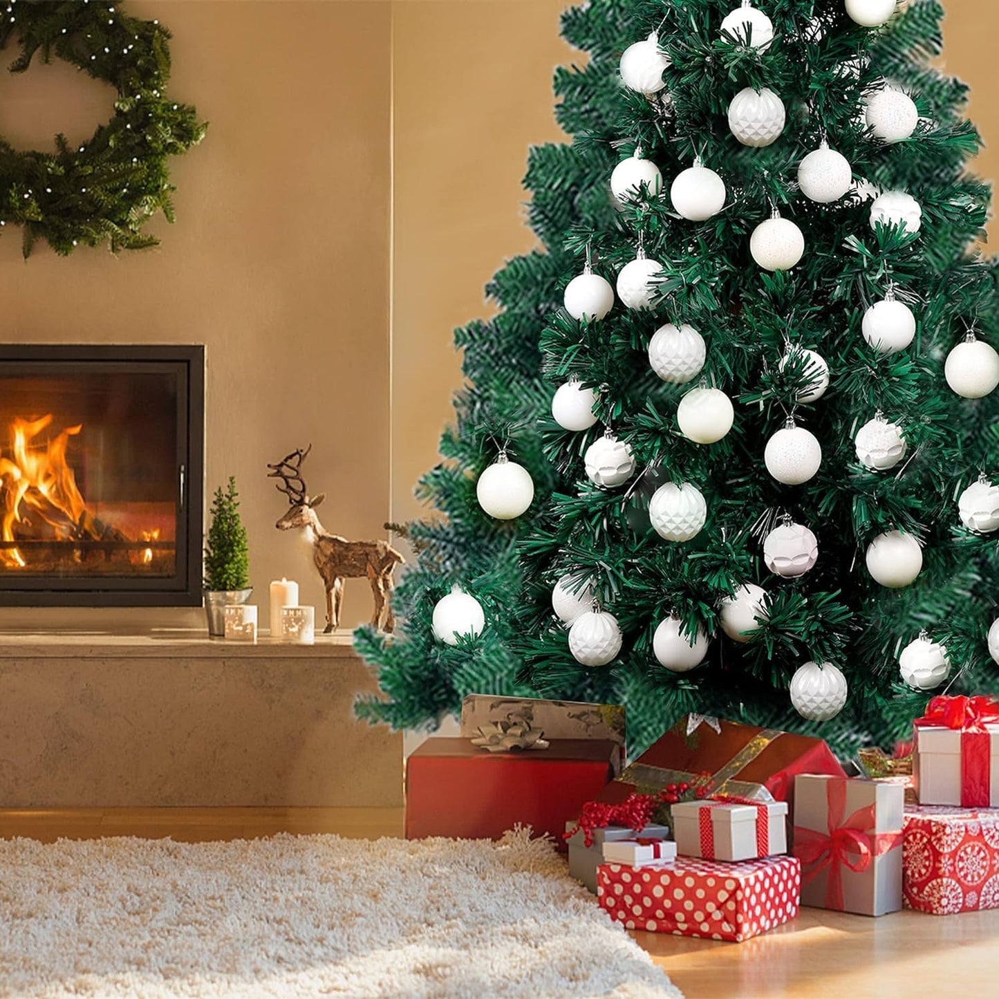 Lulu Home Christmas Ball Ornaments, 24 Ct 2.36" Pre-Strung Hanging Ornament Decorations, Xmas Shatterproof Plastic Balls for Holiday Party Wreath Garlands Trees, White