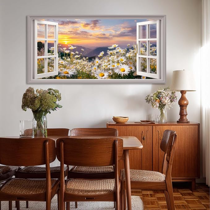 Ggaafet Wildflower Window Wall Art for Living Room Canvas Painting Prints Beautiful Daisy Floral Blooming Landscape Art Deco Pretty Artwork Office Bedroom Family Dining Room Decor Extra Large