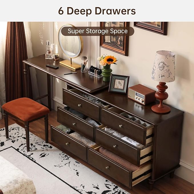 97" Large Vanity Desk with 6 Drawers, Poplar Wood Makeup Table for Bedroom, Space-Saving Narrow Design for Living Room, No Chair No Mirror