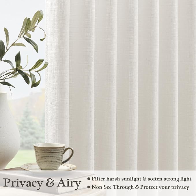 Ivory White Short Linen Curtains 36 Inch Length 2 Panels Set for Small Windows Bedroom Rustic Farmhouse Linen Light Filtering Pinch Pleated Drapes Back Tab Semi Sheer Kitchen Curtains 36 Inches Long