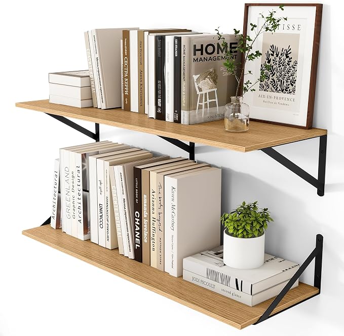 Heimlove 12 Inch Deep Floating Shelves for Wall, 36W x 12D Wood Wall Shelves Set of 2, Rustic Oak Wide Floating Bookshelf for Living Room, Kitchen, Office, Bedroom, with Black Metal Bracke - Oak