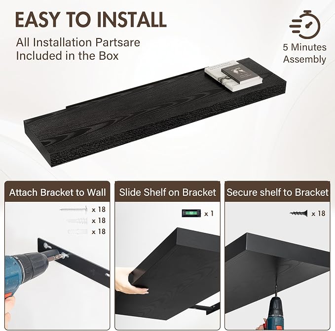 Acovy 48 Inch Floating Shelves, 12" Deep Floating Shelf Wall Mounted, 48" Wall Shelves, Rustic Deep Bookshelf, Extra Deeper & Thicker Display Shelves for Bedroom, Living Room, Black, Set of 2