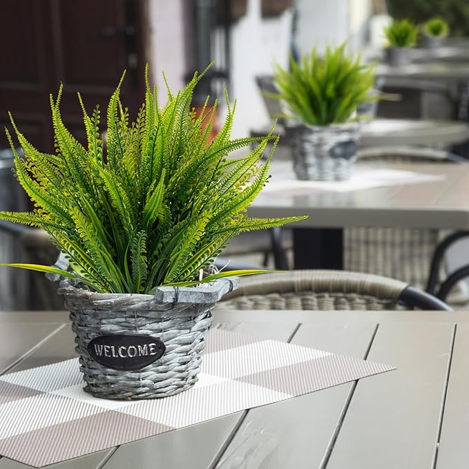 ZEOSTARO 12 Bundles Artificial Plants Outdoor Fake Boston Fern Greenery with Flowers Faux UV Resistant Shrubs Garden Patio Porch Window Box Farmhouse Hanging Decor(Green)