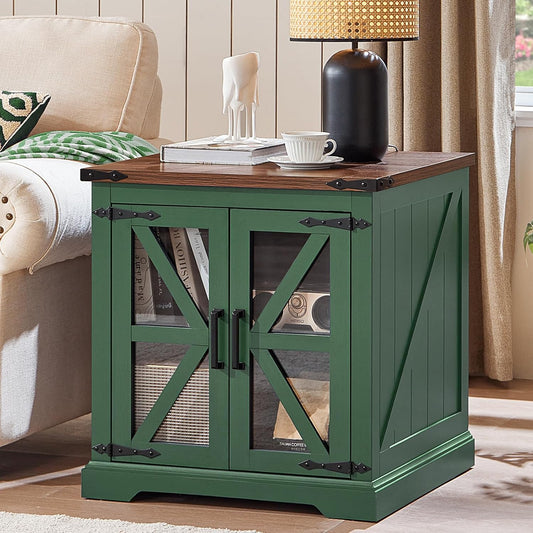 24" End Table with Charging Station, Farmhouse Night Stand with Glass Barn Door, Green Nightstands with Adjustable Storage Shelf, Large Wood Square Bed Side Table for Living Room, Bedroom