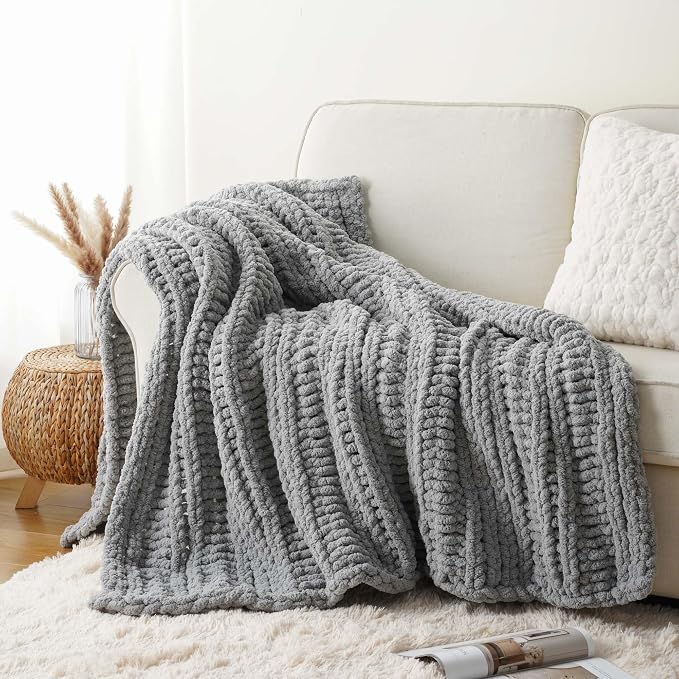 Battilo Chunky Knit Throw Blanket for Couch, 50"x60", Light Grey | Hand Knit with Chunky Yarn, Gift Blanket, Cozy Warm Thick Soft Chenille Throw Blanket for Bed, Sofa, Living Room