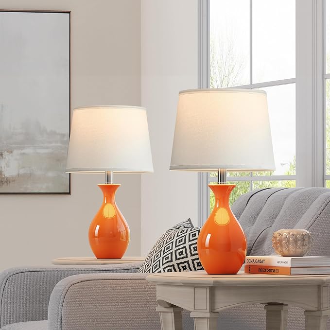 PARTPHONER Table Lamp Set of 2, Modern Ceramic Bedside Lamps for Night Stands, Classic Small Lamp Nightstand Lamp for Bedroom Living Room Desk End Table Rocker Swtich Orange