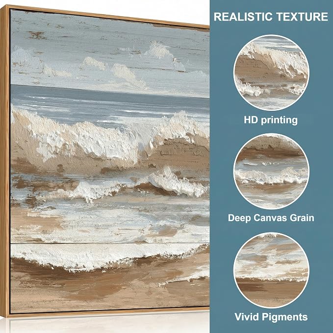 The Mode Art Ocean Wave Canvas Print Framed Beach Landscape Wall Decor Neutral Blue & Beige Artwork for Living Room Bedroom Sofa Fireplace 24x48inch