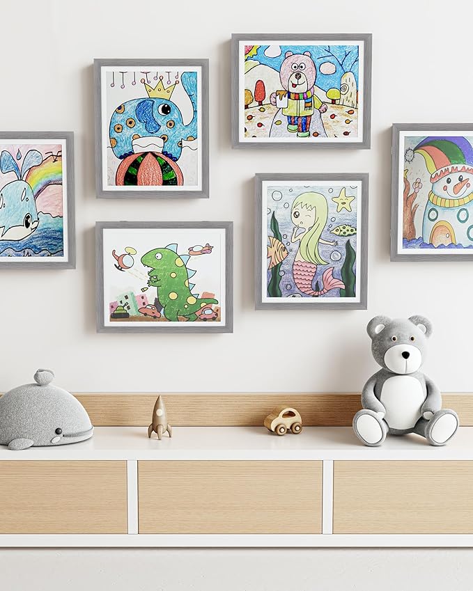 BAIJIALI Grey Art Frames for Kids Artwork - Front Opening Holds 150 Drawings, 3D Crafts - 4 Packs 8.5x11 with mat or 9x12 without Mat