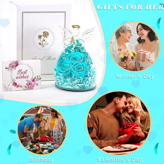 Beferr Mothers Day Mom Birthday Gifts for Women, Fresh Flowers for Delivery Forever Preserved Rose in Glass Angel Figurine, Anniversary Christian Real Rose for Grandma Nana Wife Mum from Daughter Son