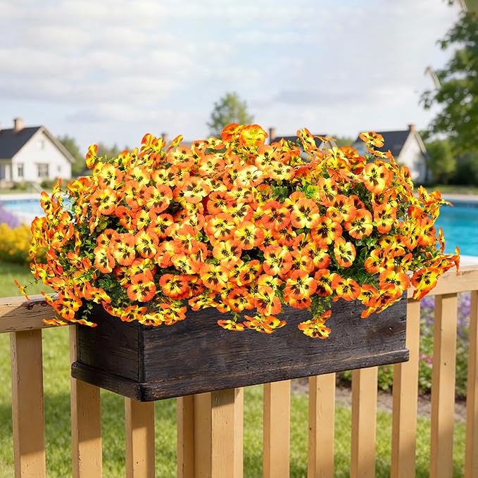 24 Pcs Artificial Fake Pansy Flowers for Outdoor,Faux Silk Plants Flowers UV Resistant Pansies Spring Flowers for Planter Front Door Porch Yard Patio garden Window Box Home Decor(Orange Yellow)