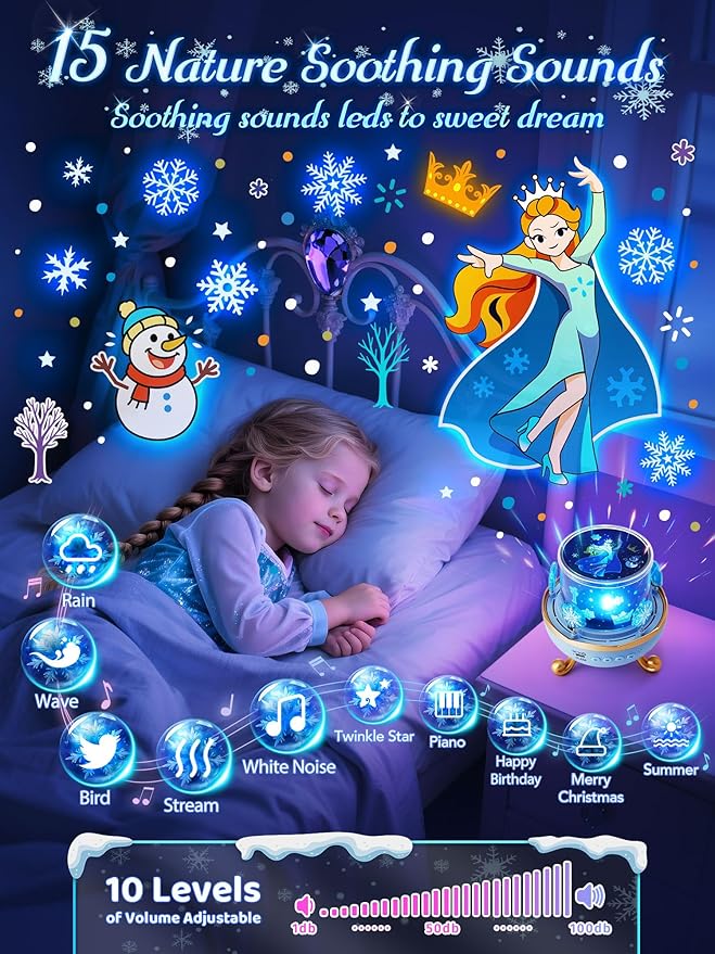 Frozen Toys, 15 Music+16 Films+315 Colors Night Light for Kids, 360°+Remote+Cordless Star Projector for Kids Night Light Projector, Princess Toys for Girls Room Decor, Princess Gifts Frozen Gifts