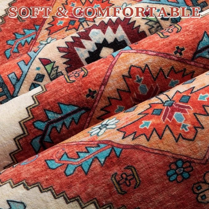 SERISSA 10x14 Area Rugs for Living Room, Large Washable Non-Slip Boho Rug, Ultra Soft Vintage Oriental Orange Print Distressed Carpet for Dining Room Bedroom Office Home Decor