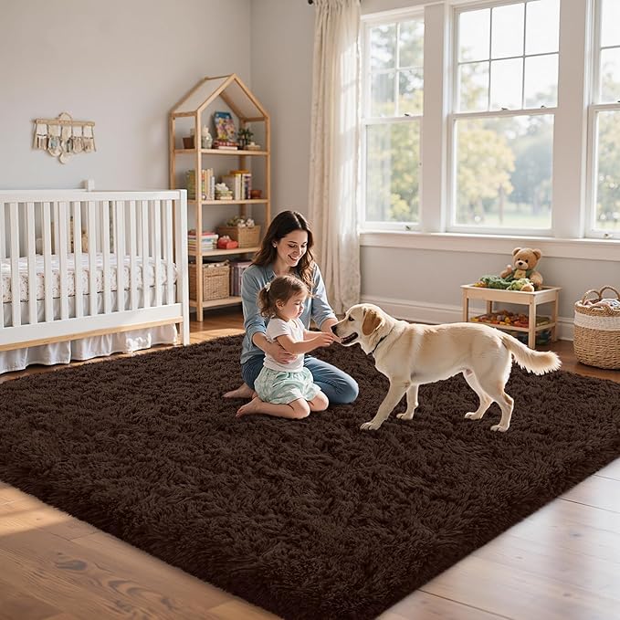 8x10 Area Rug for Living Room:Ultra Soft Fluffy Shag Brown Rugs,Large Fuzzy Plush Indoor Non Slip Carpet Washable Rug for Bedroom Kids Nursery Office Dorm Modern Decor(Brown 8'x10')