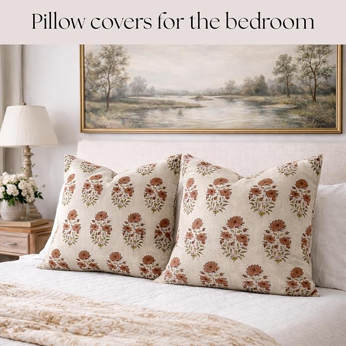 Linen Throw Pillow Covers 20x20 inch sage Terracotta Beige Decorative Pillow Covers for Living Room, Bedroom Farmhouse Decor